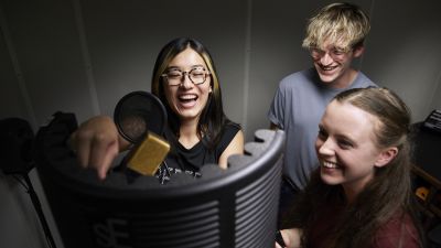students in recording booth